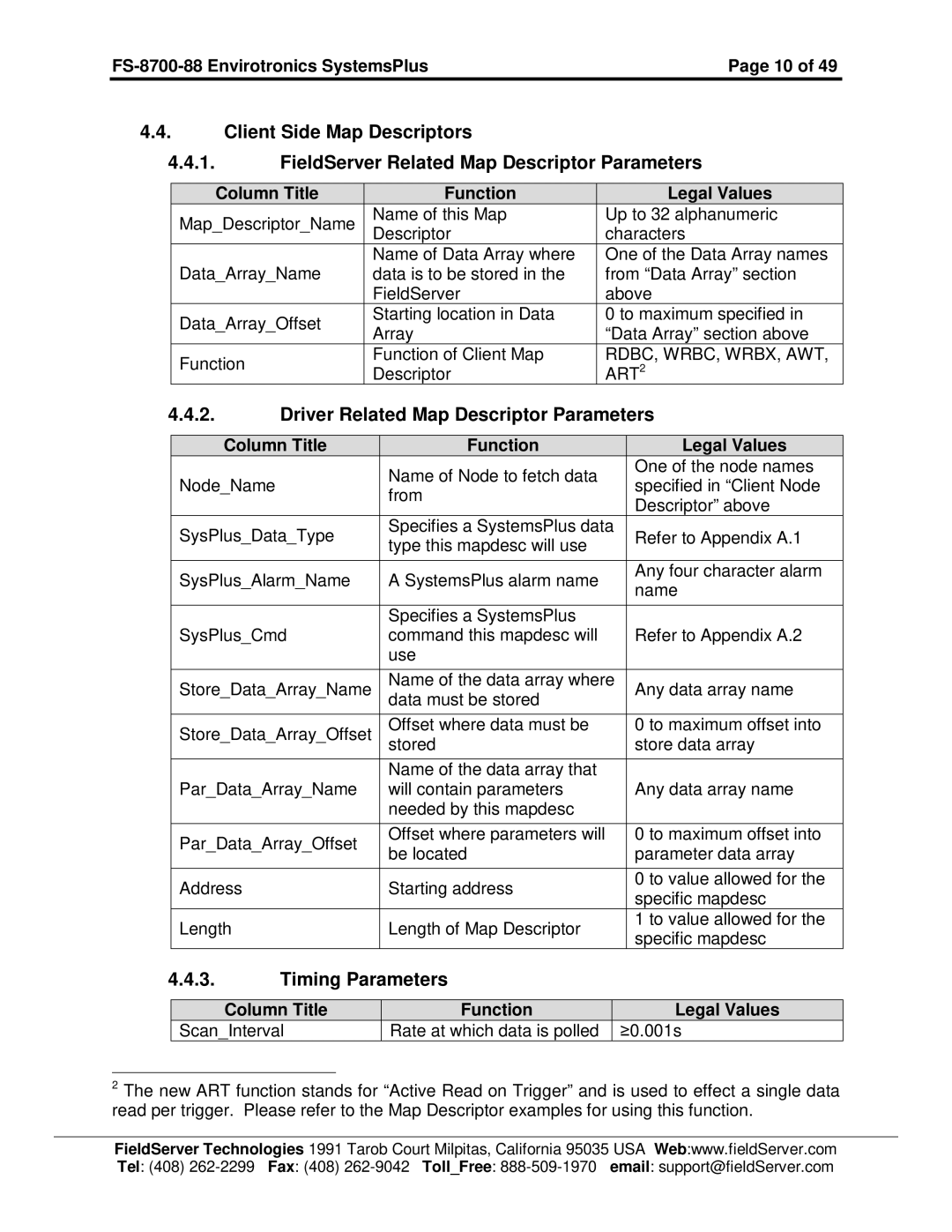 FieldServer FS-8700-88 instruction manual Driver Related Map Descriptor Parameters, Timing Parameters 