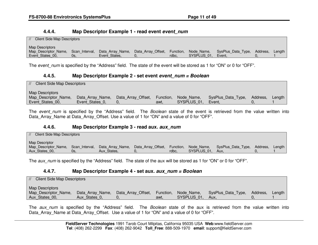 FieldServer FS-8700-88 Map Descriptor Example 1 read event eventnum, Map Descriptor Example 2 set event eventnum = Boolean 