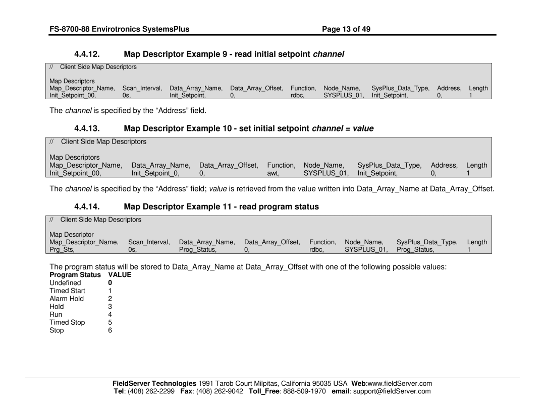 FieldServer FS-8700-88 instruction manual Map Descriptor Example 9 read initial setpoint channel 