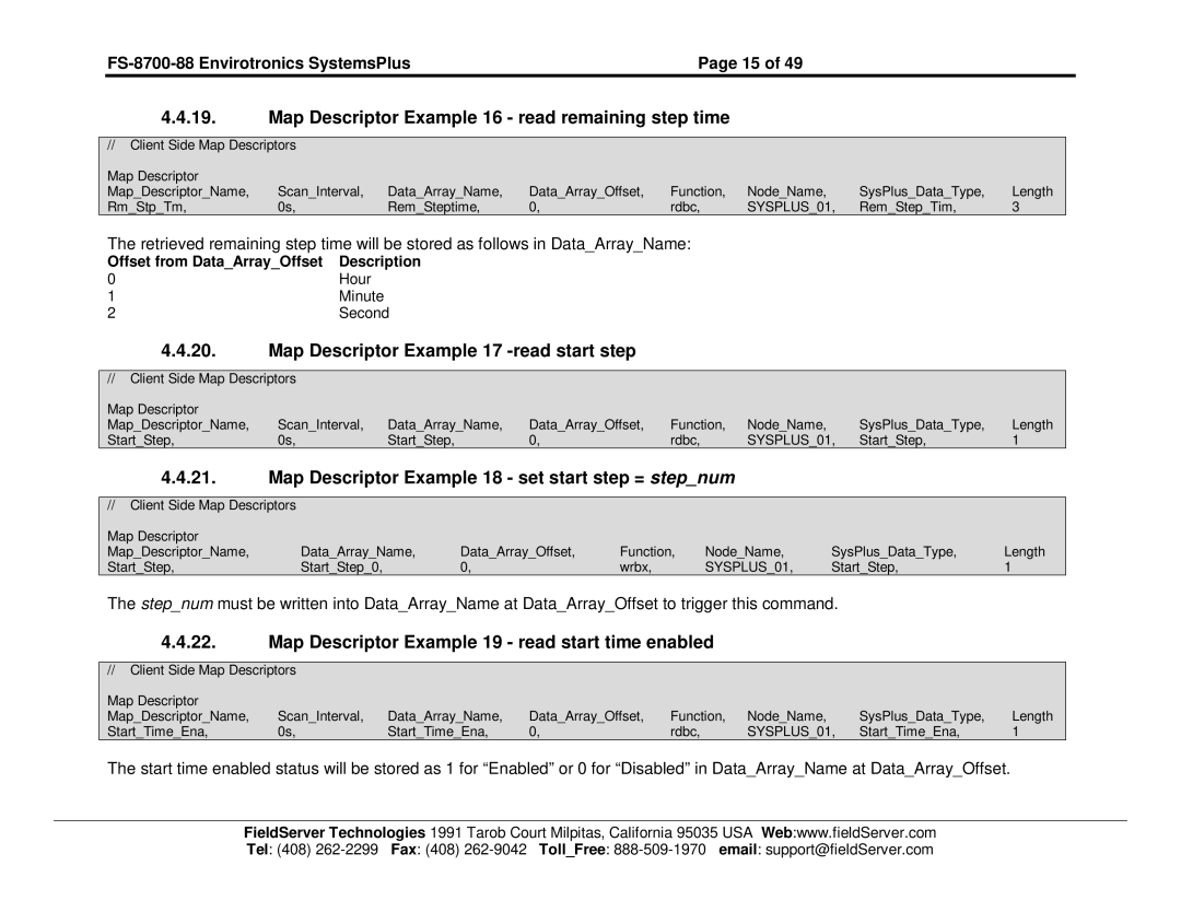 FieldServer FS-8700-88 Map Descriptor Example 16 read remaining step time, Map Descriptor Example 17 -read start step 