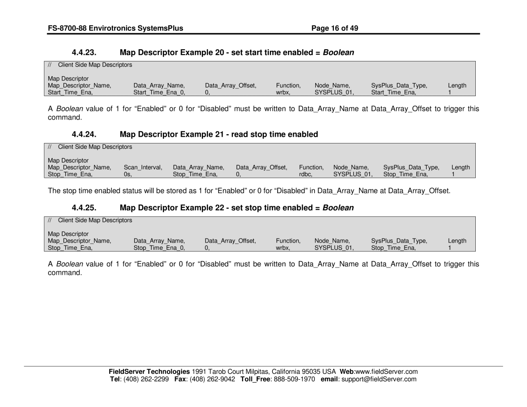 FieldServer FS-8700-88 instruction manual Map Descriptor Example 20 set start time enabled = Boolean 