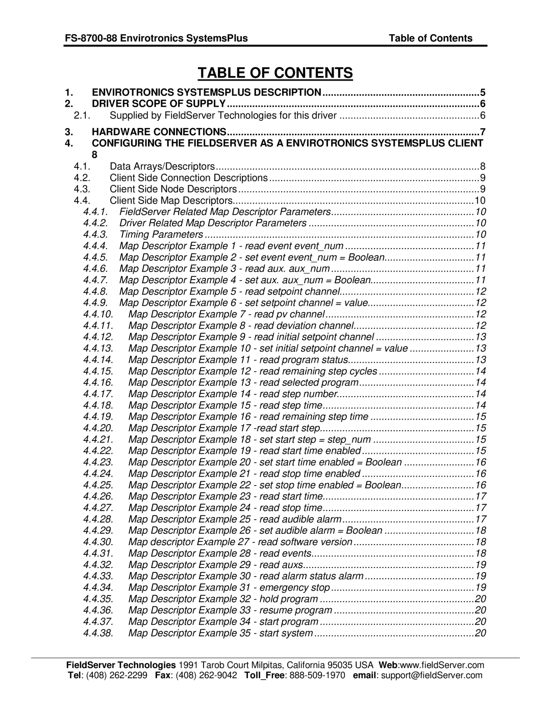 FieldServer FS-8700-88 instruction manual Table of Contents 