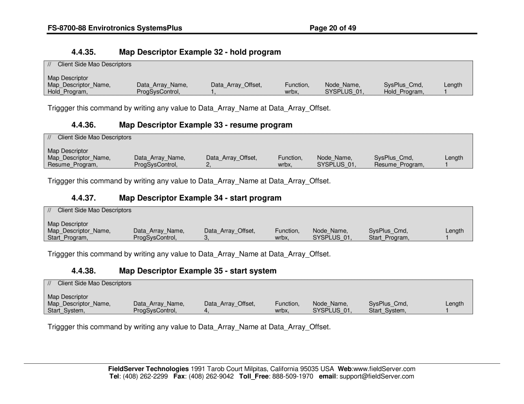 FieldServer FS-8700-88 instruction manual Map Descriptor Example 32 hold program, Map Descriptor Example 33 resume program 