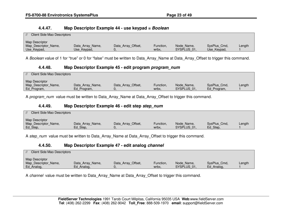 FieldServer FS-8700-88 Map Descriptor Example 44 use keypad = Boolean, Map Descriptor Example 45 edit program programnum 