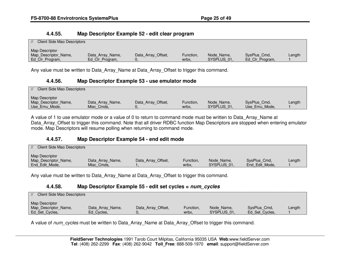 FieldServer FS-8700-88 Map Descriptor Example 52 edit clear program, Map Descriptor Example 53 use emulator mode 