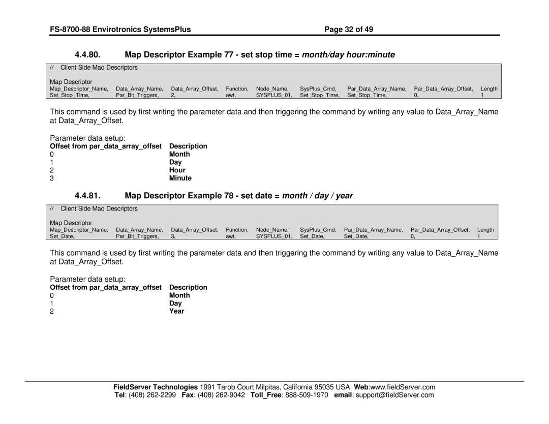 FieldServer FS-8700-88 Map Descriptor Example 78 set date = month / day / year, Client Side Mao Descriptors Map Descriptor 