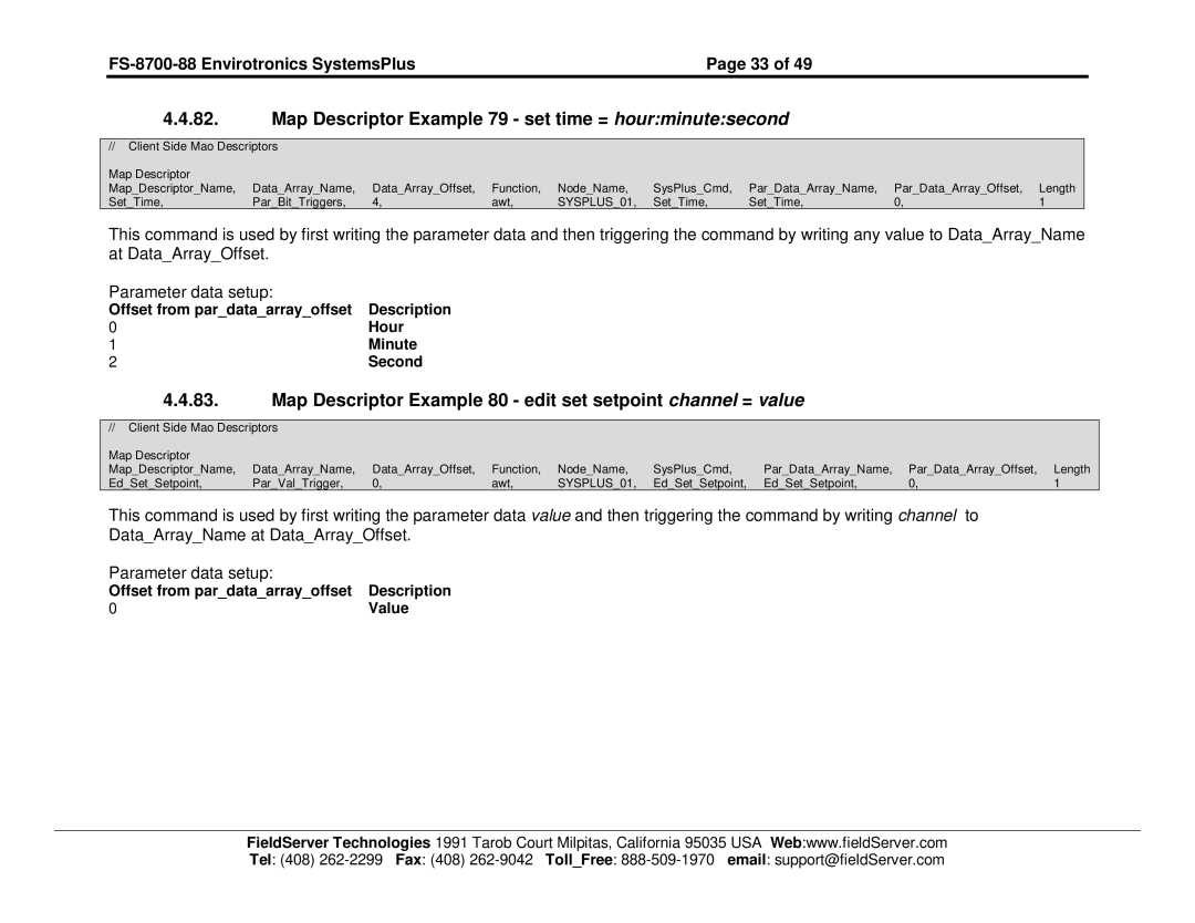 FieldServer FS-8700-88 instruction manual Map Descriptor Example 79 set time = hourminutesecond 