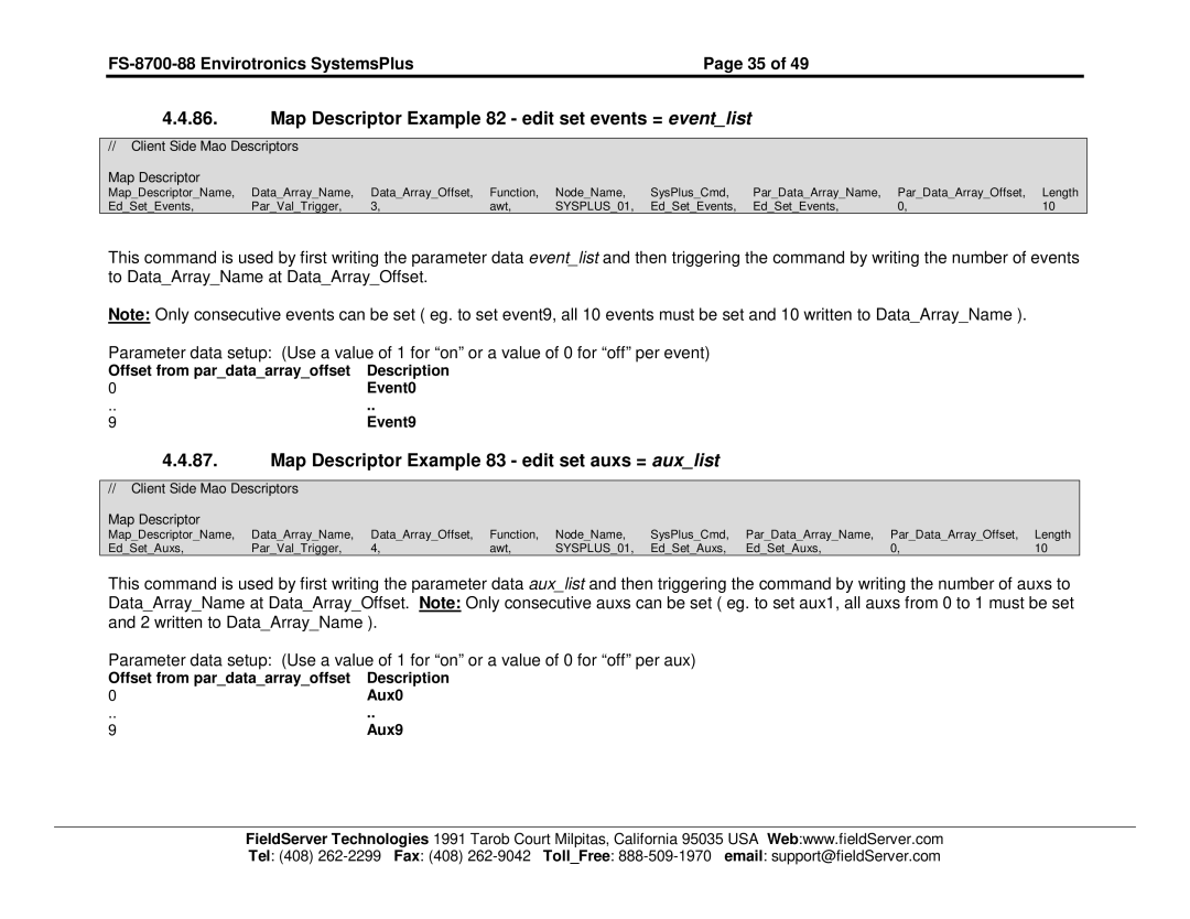 FieldServer FS-8700-88 instruction manual Map Descriptor Example 82 edit set events = eventlist 