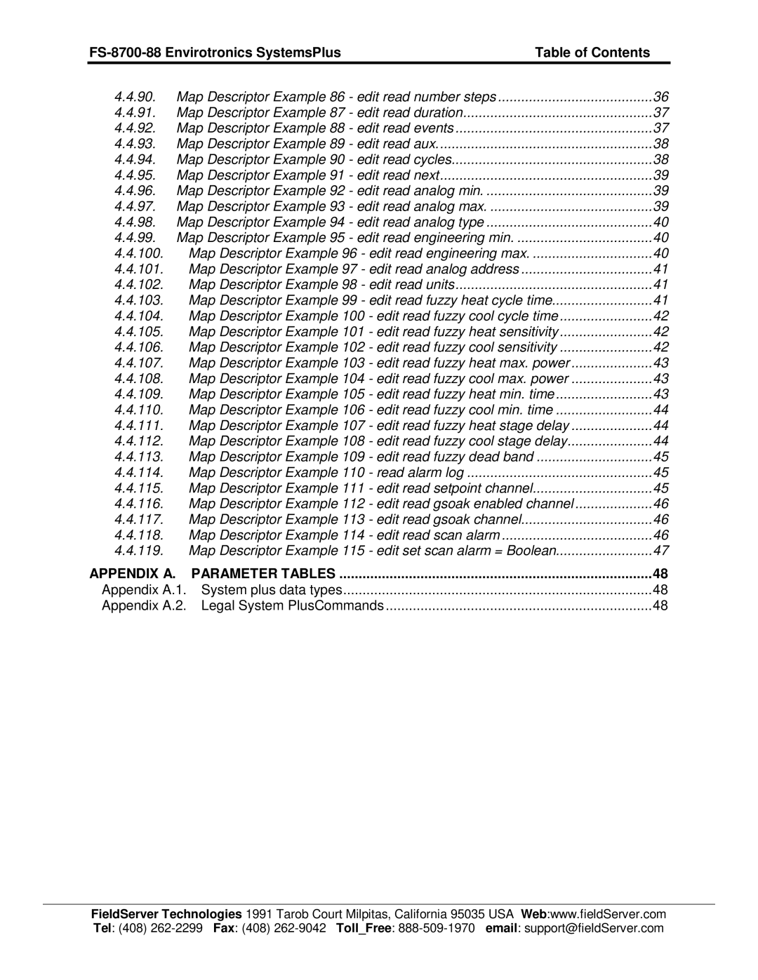 FieldServer FS-8700-88 instruction manual Appendix a Parameter Tables 