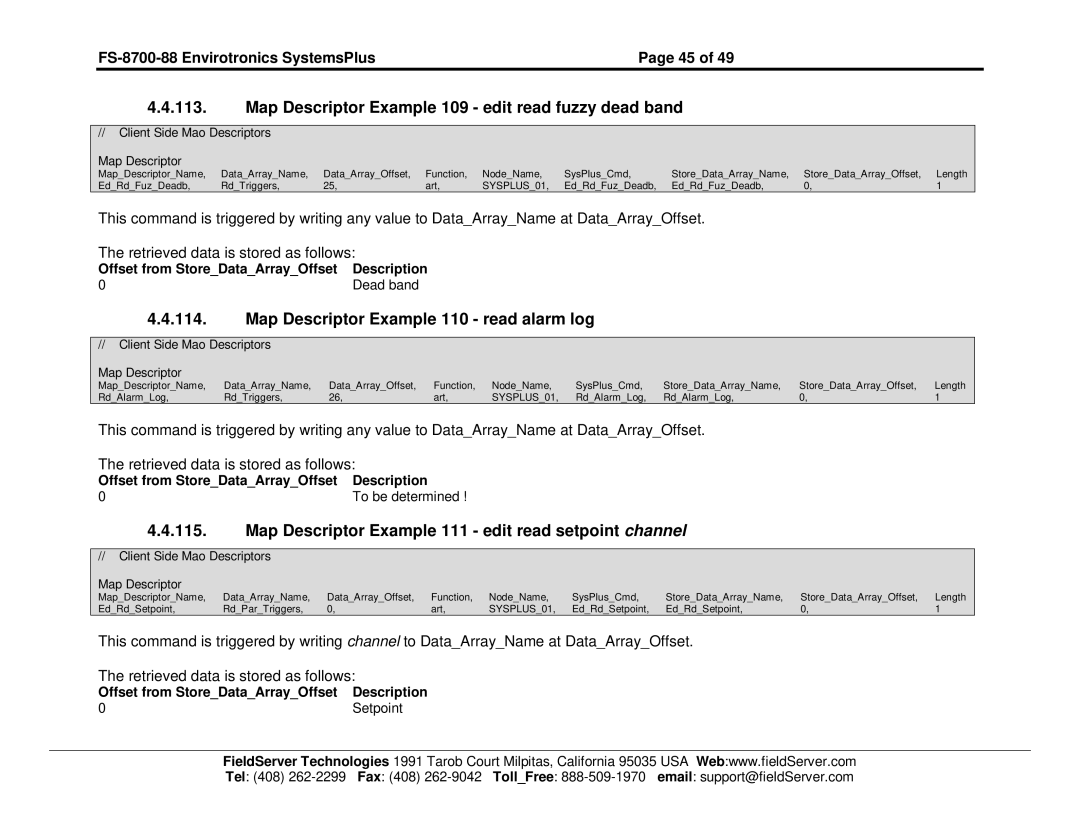 FieldServer FS-8700-88 Map Descriptor Example 109 edit read fuzzy dead band, Map Descriptor Example 110 read alarm log 