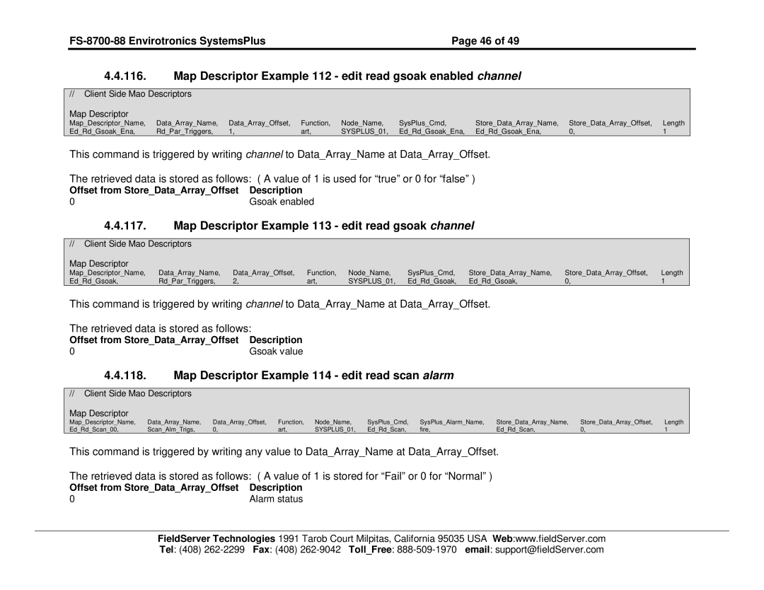 FieldServer FS-8700-88 Map Descriptor Example 113 edit read gsoak channel, Map Descriptor Example 114 edit read scan alarm 