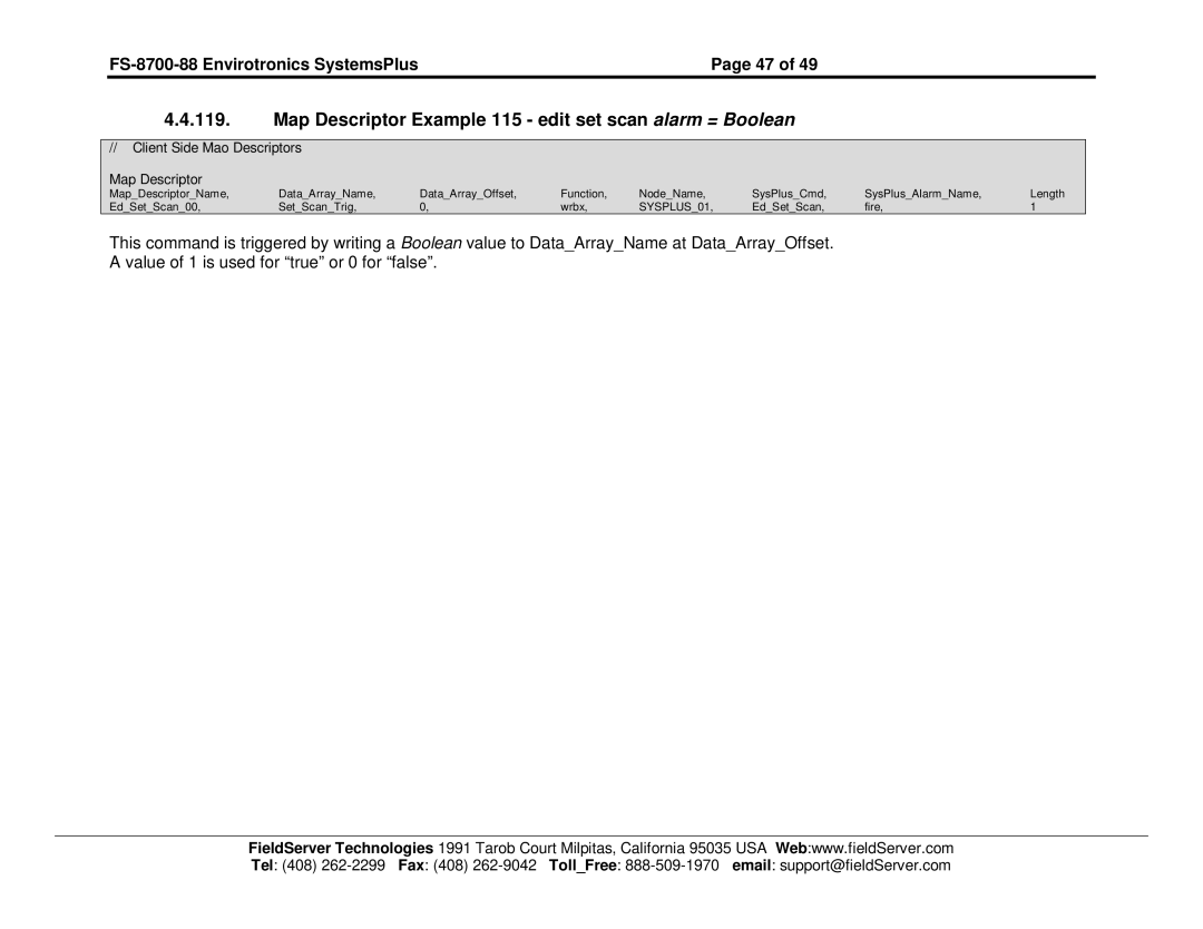 FieldServer FS-8700-88 instruction manual Map Descriptor Example 115 edit set scan alarm = Boolean 