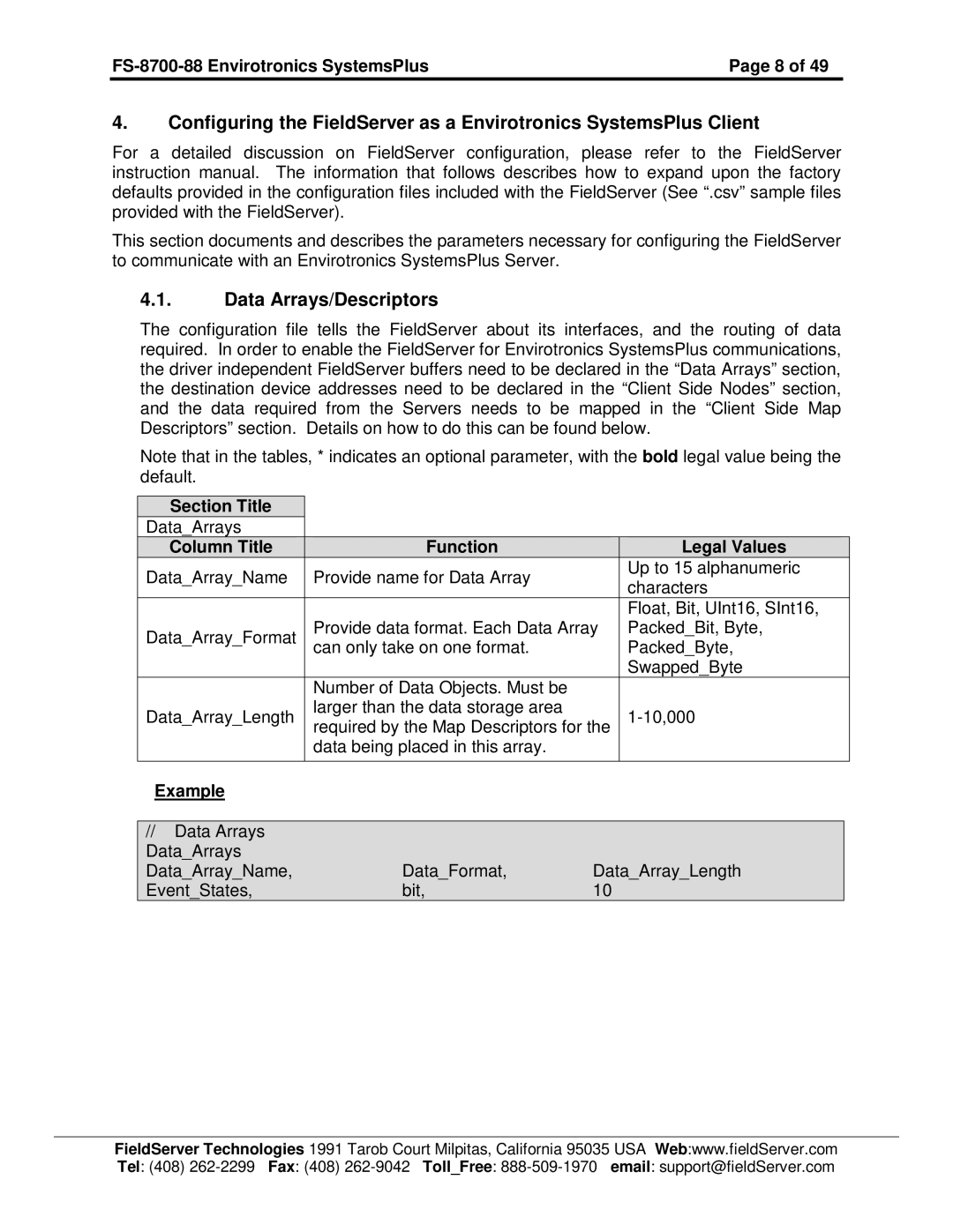 FieldServer FS-8700-88 instruction manual Data Arrays/Descriptors, Column Title Function Legal Values 