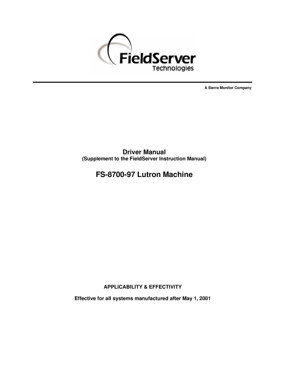 FieldServer instruction manual FS-8700-97 Lutron Machine, Effective for all systems manufactured after May 1 