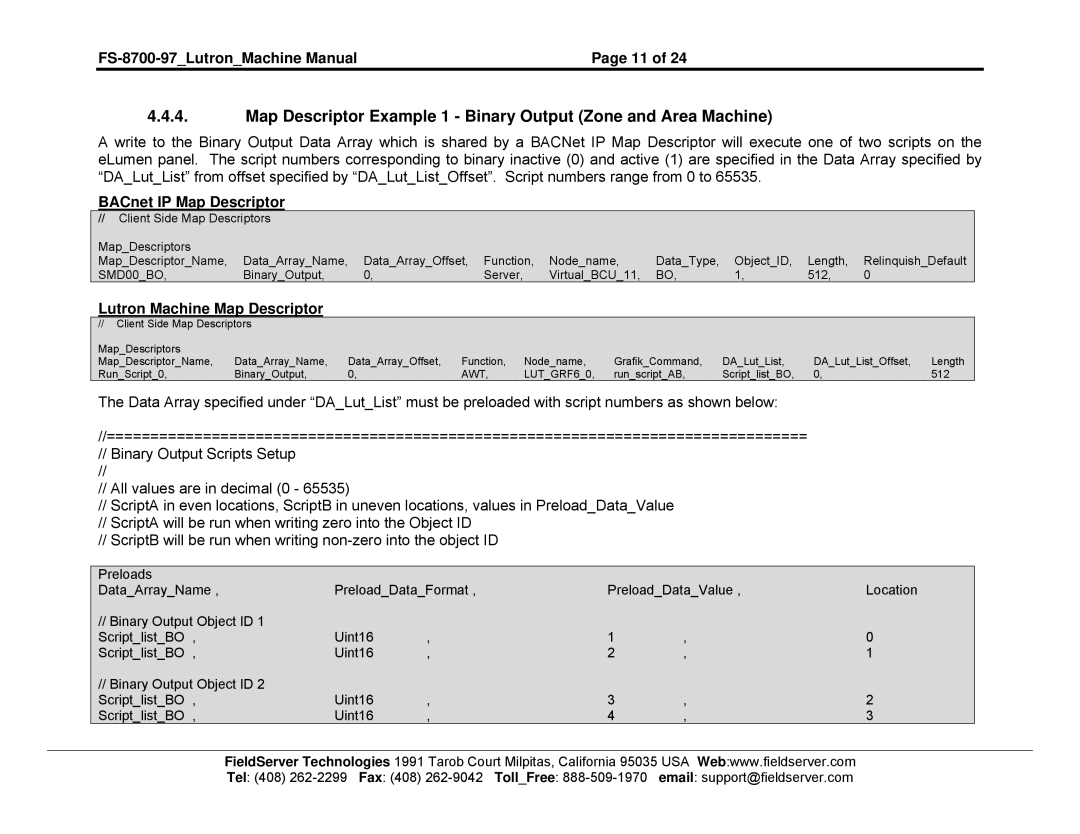 FieldServer FS-8700-97 instruction manual BACnet IP Map Descriptor, Lutron Machine Map Descriptor 