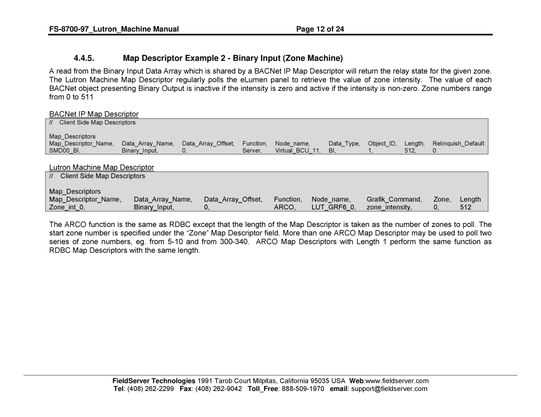 FieldServer FS-8700-97 instruction manual Map Descriptor Example 2 Binary Input Zone Machine, Lutron Machine Map Descriptor 