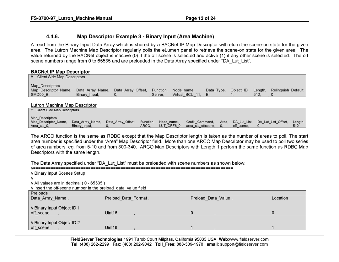 FieldServer FS-8700-97 instruction manual Map Descriptor Example 3 Binary Input Area Machine 