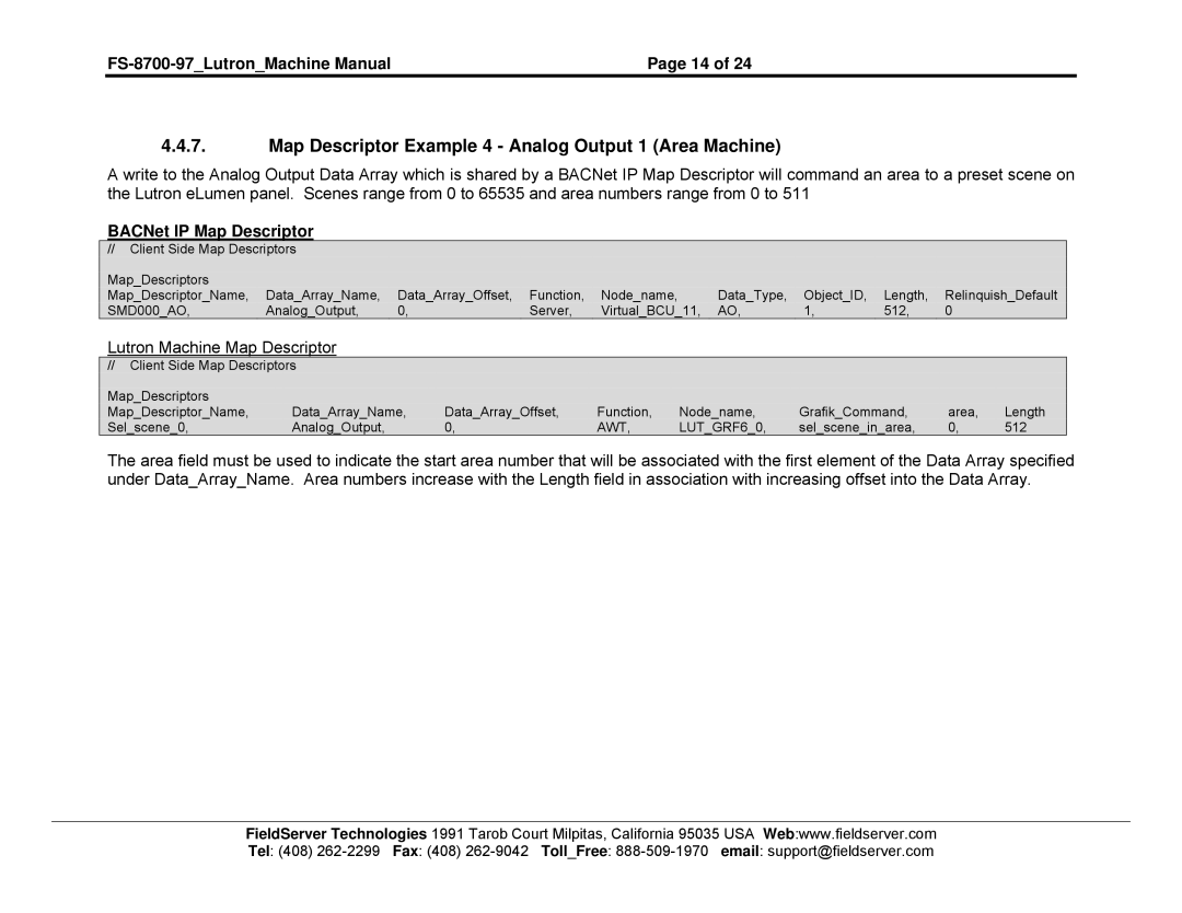 FieldServer FS-8700-97 instruction manual Map Descriptor Example 4 Analog Output 1 Area Machine 