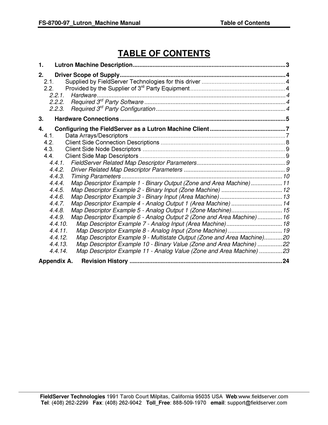 FieldServer FS-8700-97 instruction manual Table of Contents 