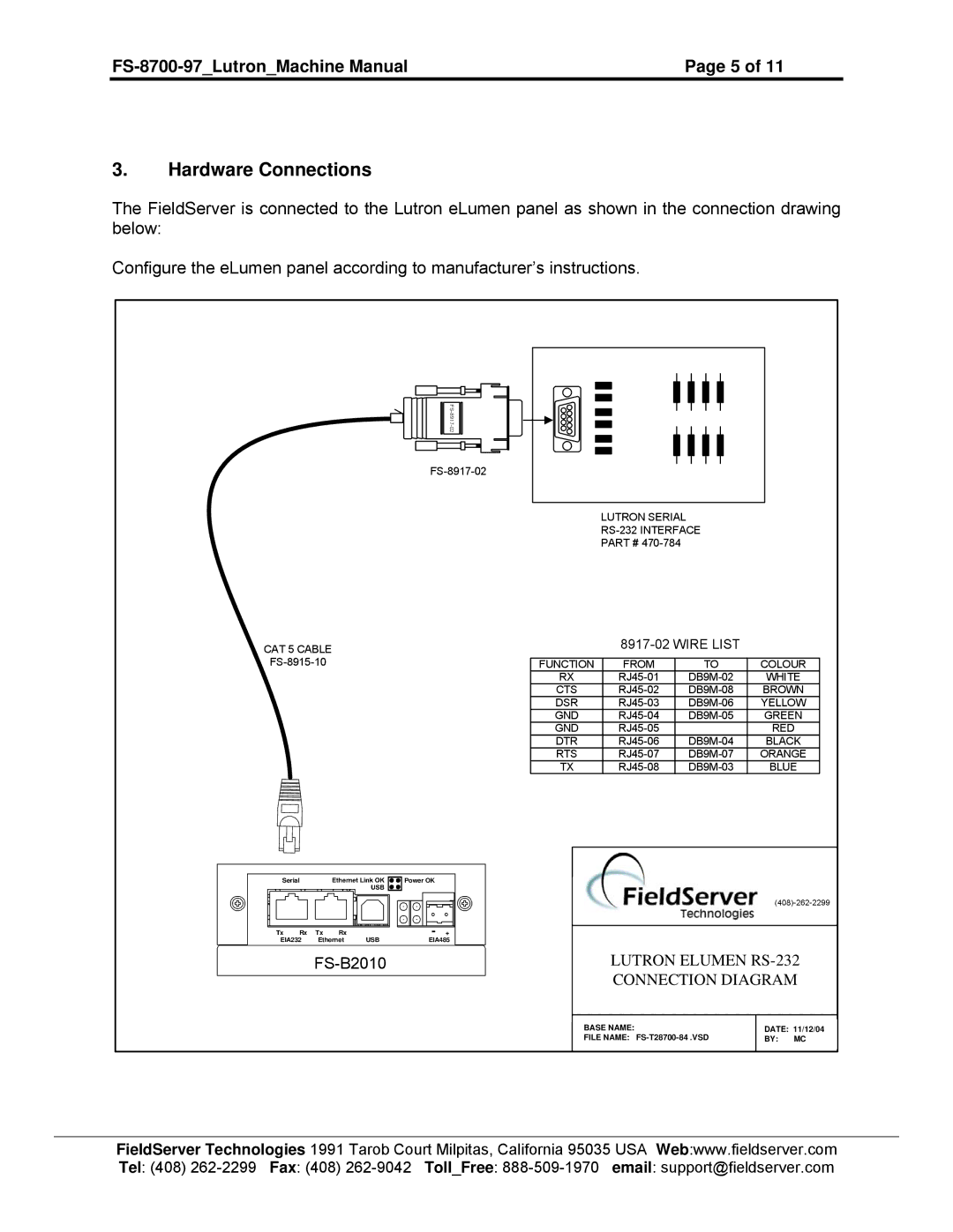 FieldServer FS-8700-97 instruction manual Hardware Connections, FS-B2010 