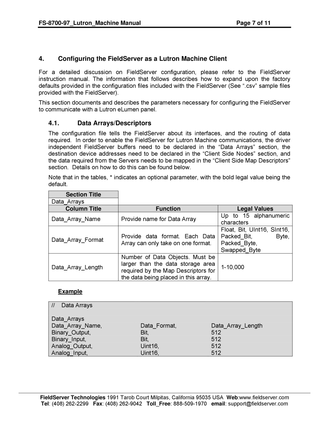 FieldServer FS-8700-97 Configuring the FieldServer as a Lutron Machine Client, Data Arrays/Descriptors, Section Title 