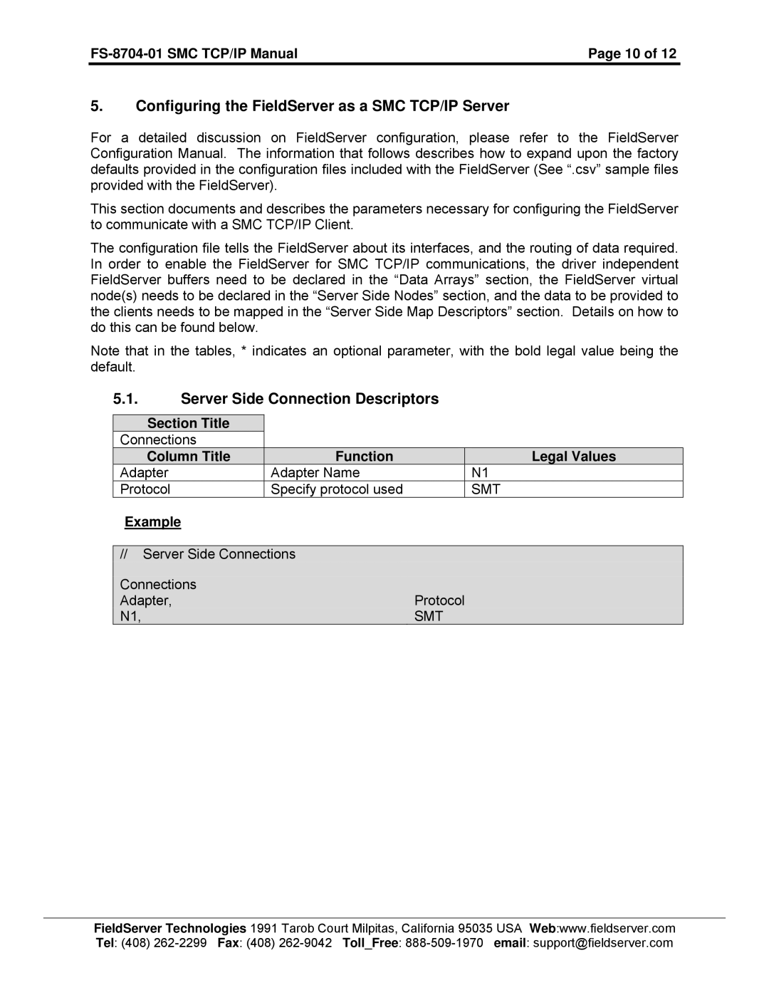 FieldServer FS-8704-01 Configuring the FieldServer as a SMC TCP/IP Server, Server Side Connection Descriptors 