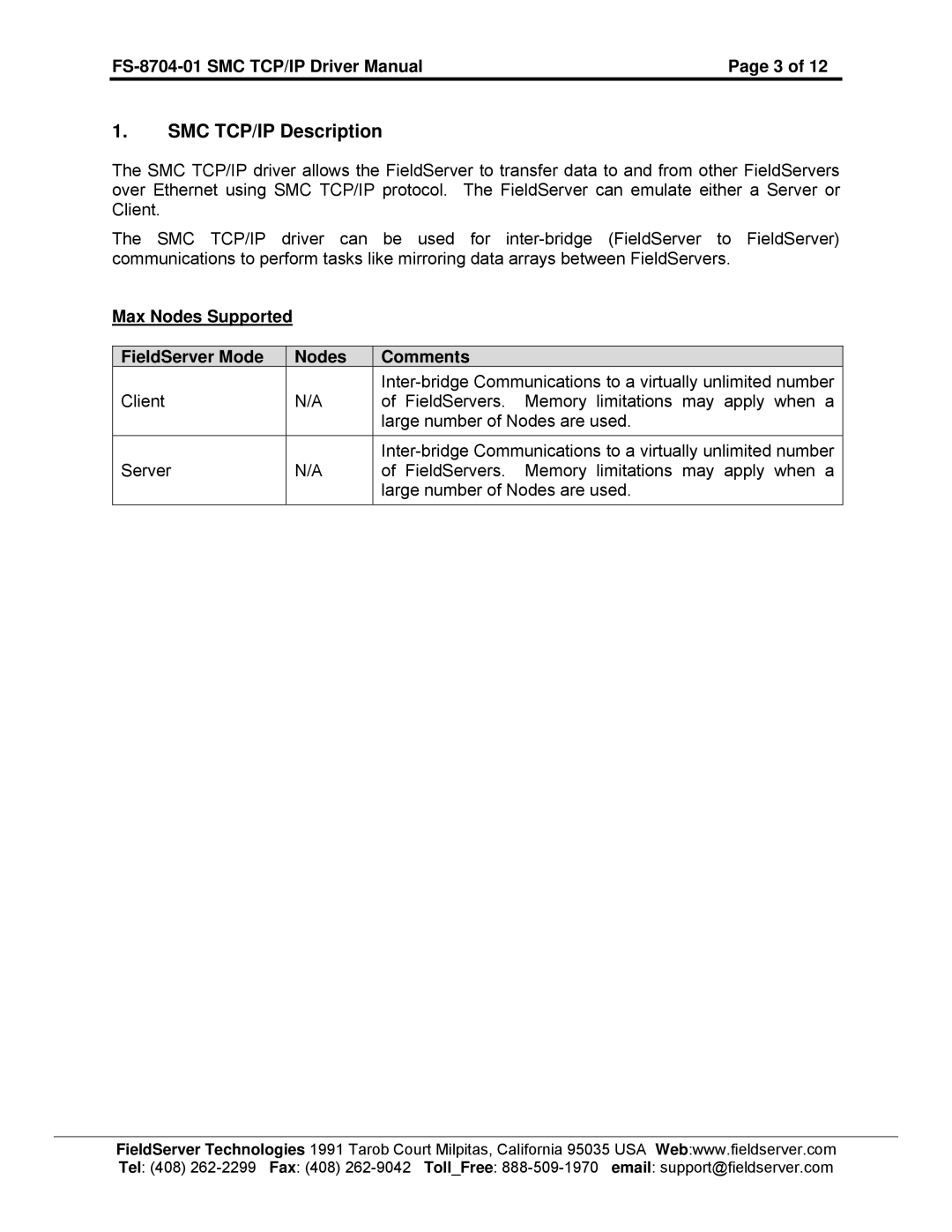 FieldServer FS-8704-01 instruction manual SMC TCP/IP Description, Max Nodes Supported FieldServer Mode Comments 