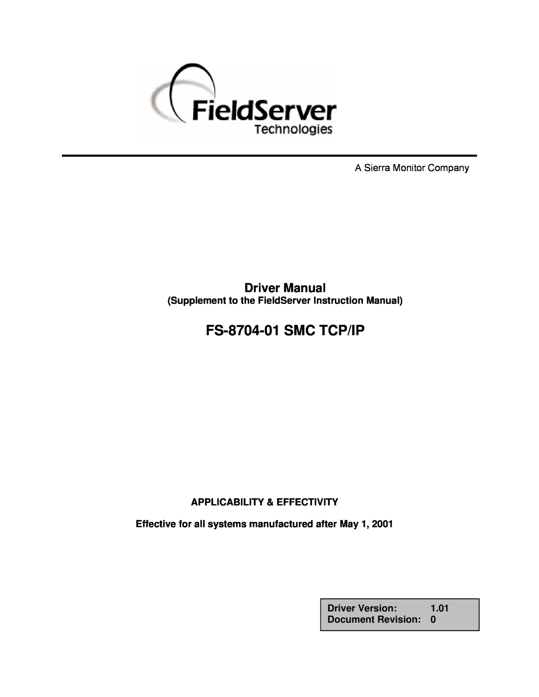 FieldServer instruction manual FS-8704-01 SMC TCP/IP, Driver Manual 