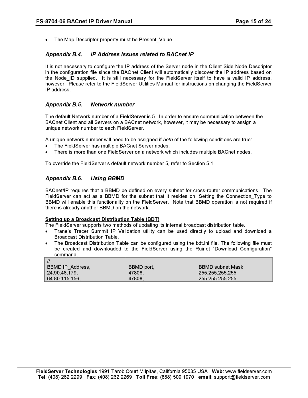 FieldServer FS-8704-06 Appendix B.4. IP Address Issues related to BACnet IP, Appendix B.5. Network number 