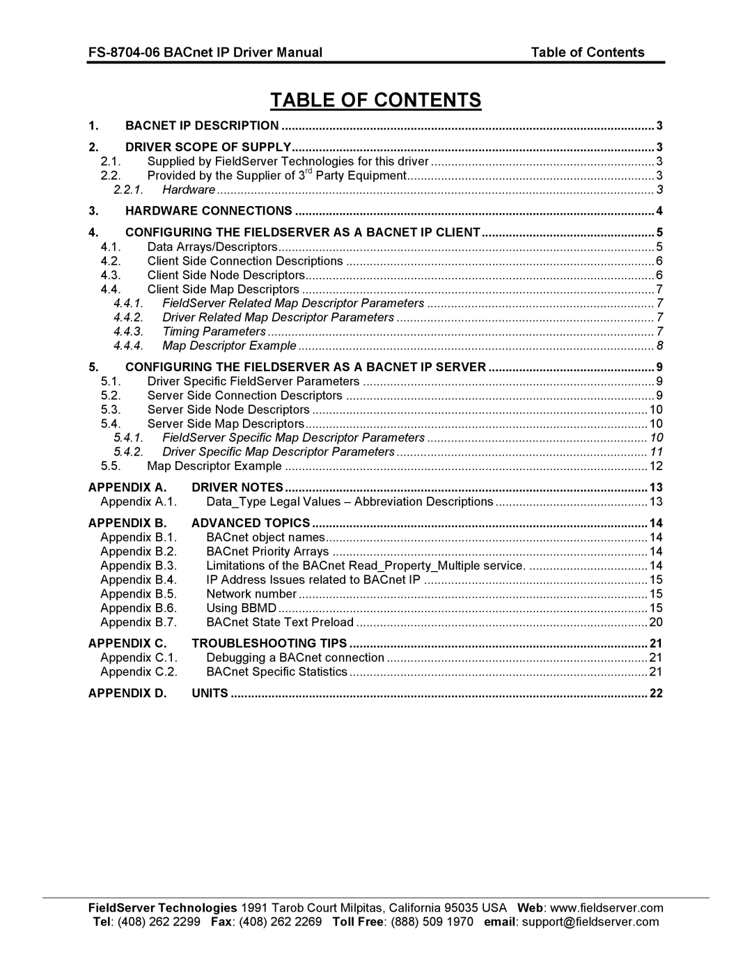 FieldServer FS-8704-06 instruction manual Table of Contents 