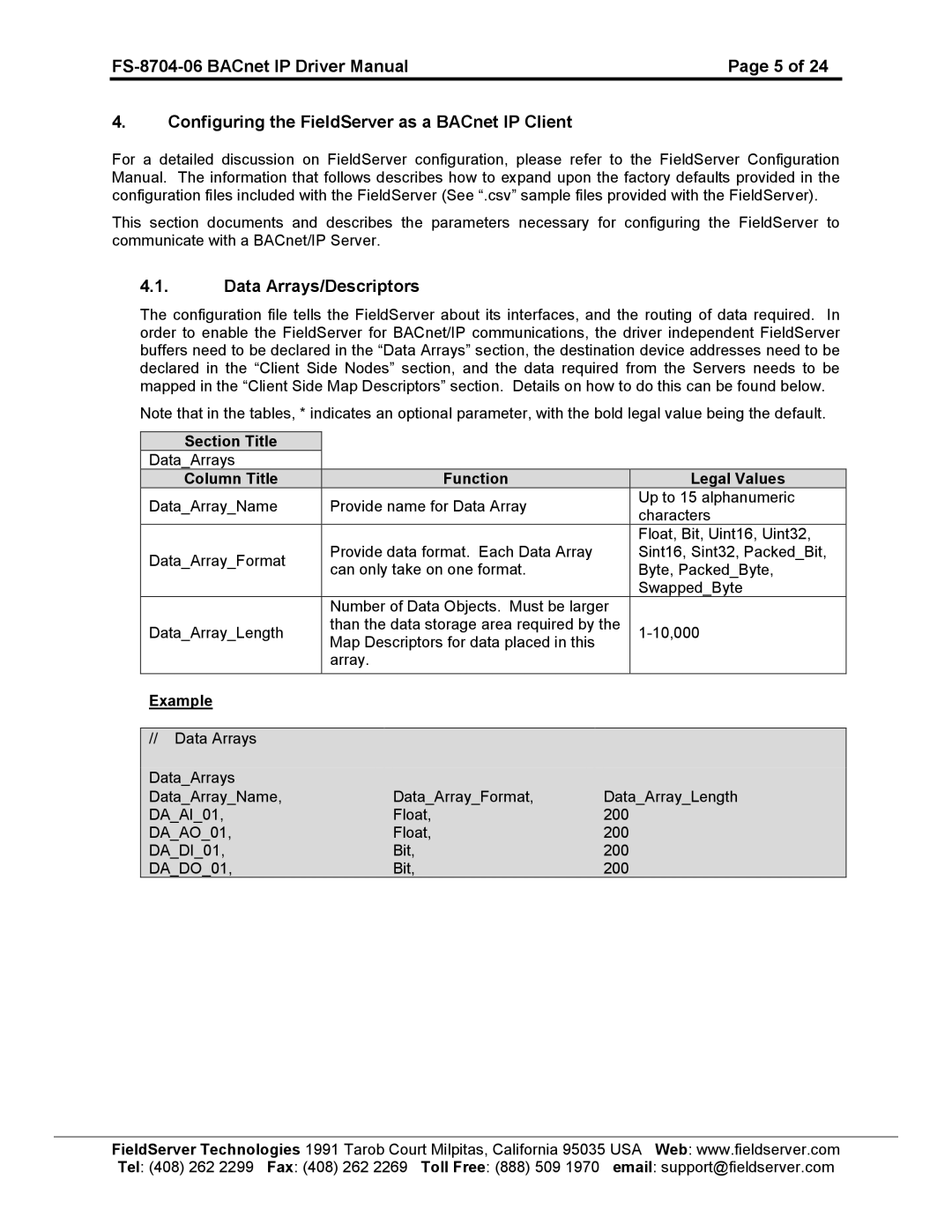 FieldServer FS-8704-06 instruction manual Data Arrays/Descriptors 