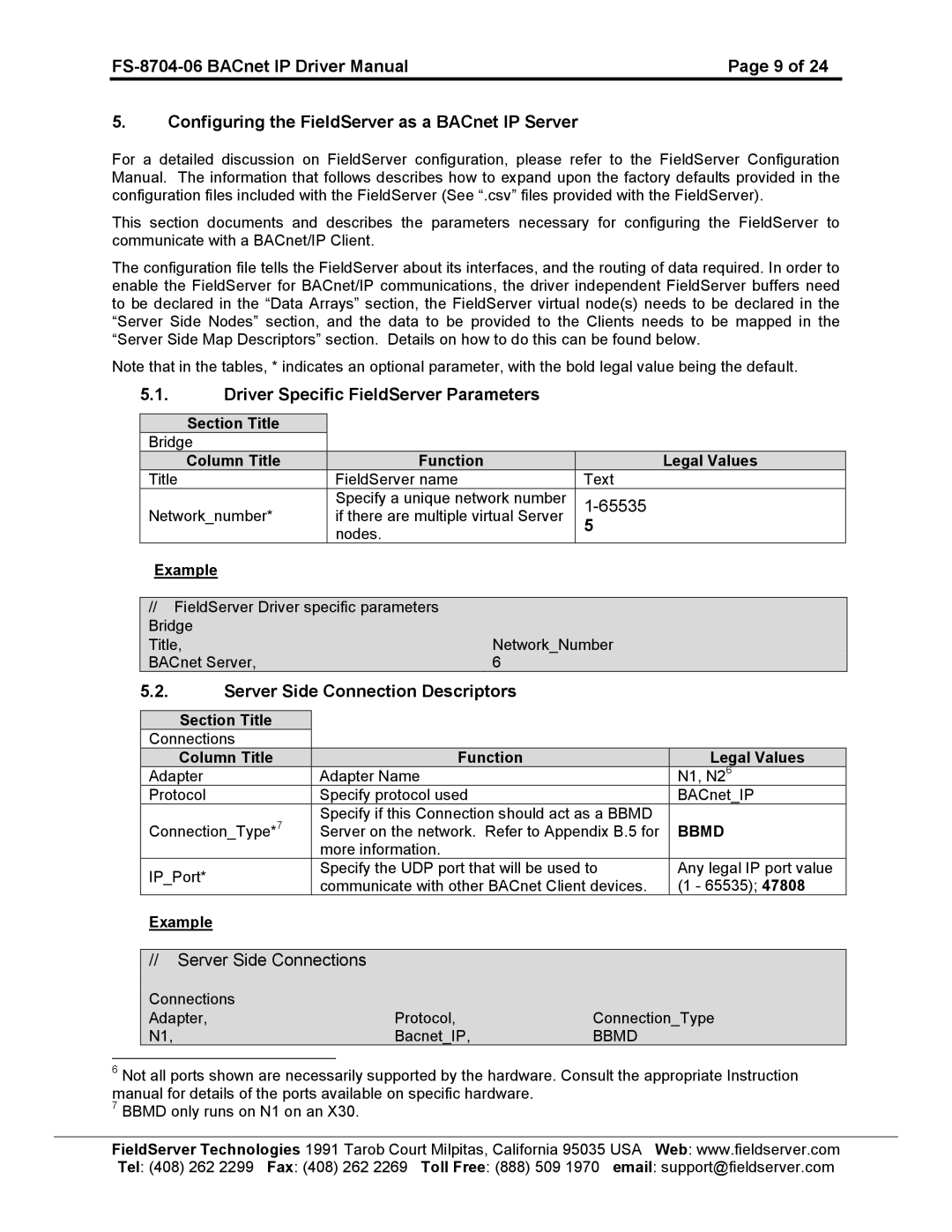 FieldServer FS-8704-06 Driver Specific FieldServer Parameters, 65535, Server Side Connection Descriptors, Bbmd 