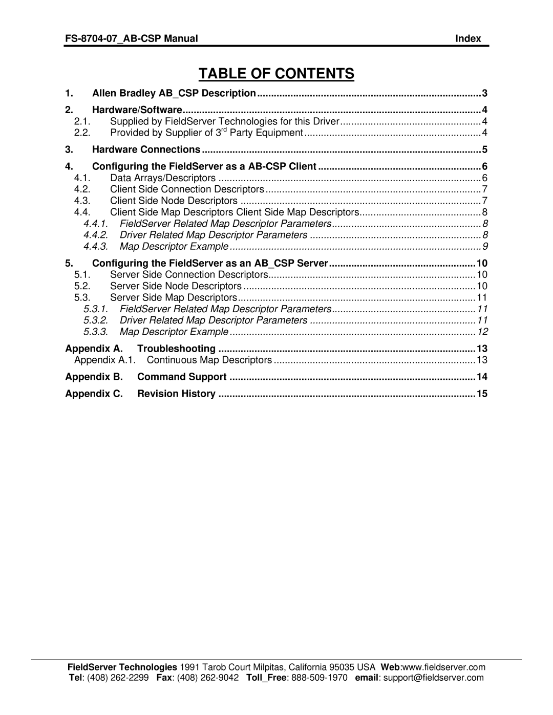 FieldServer FS-8704-07 instruction manual Table of Contents 