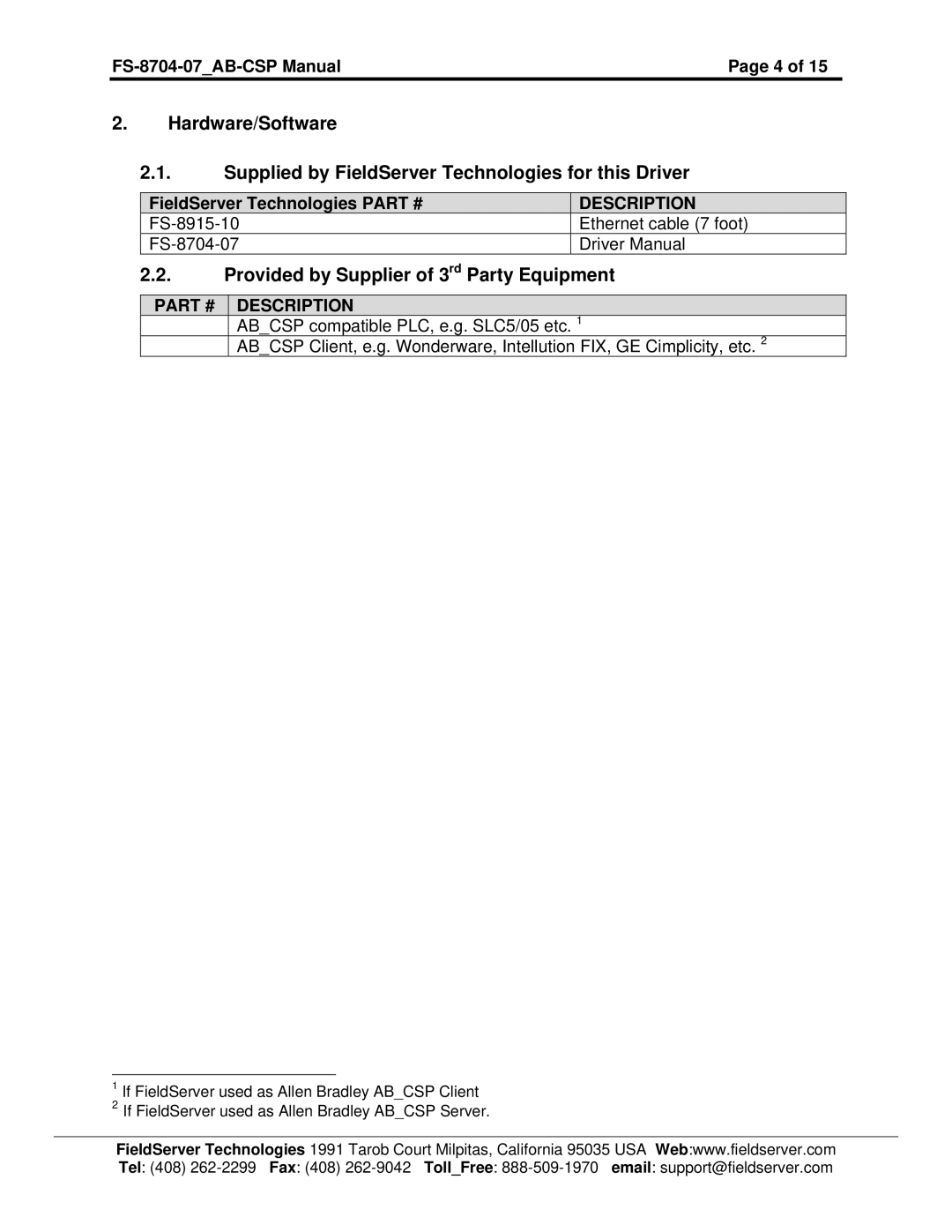 FieldServer FS-8704-07 instruction manual Provided by Supplier of 3 rd Party Equipment, FieldServer Technologies 