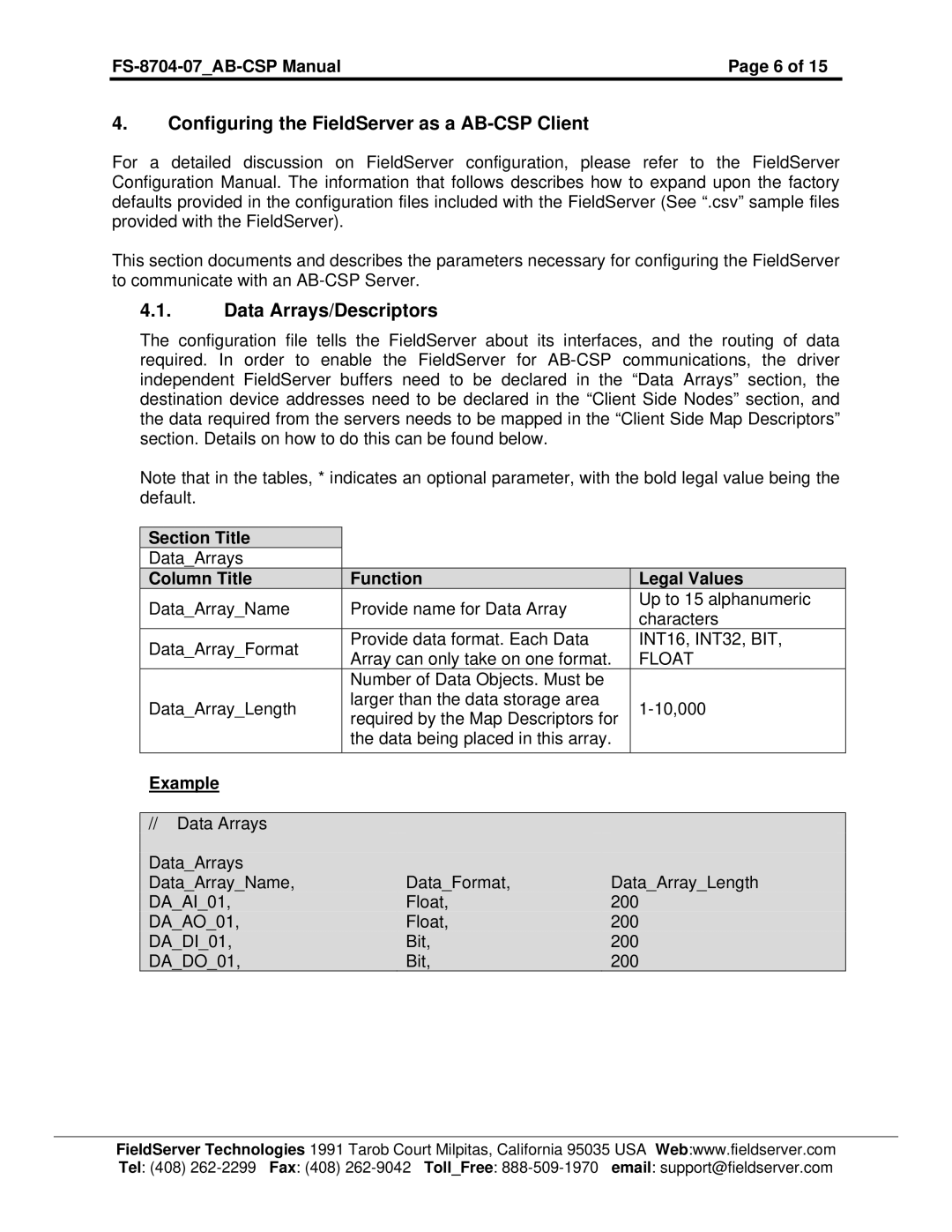 FieldServer FS-8704-07 Configuring the FieldServer as a AB-CSP Client, Data Arrays/Descriptors, Section Title, Example 