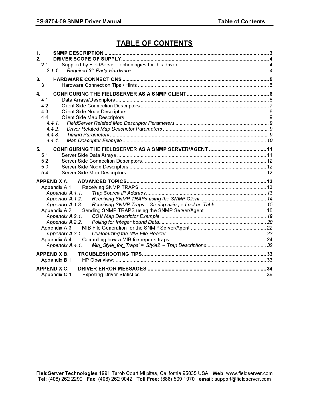 FieldServer FS-8704-09 SNMP instruction manual Table of Contents 