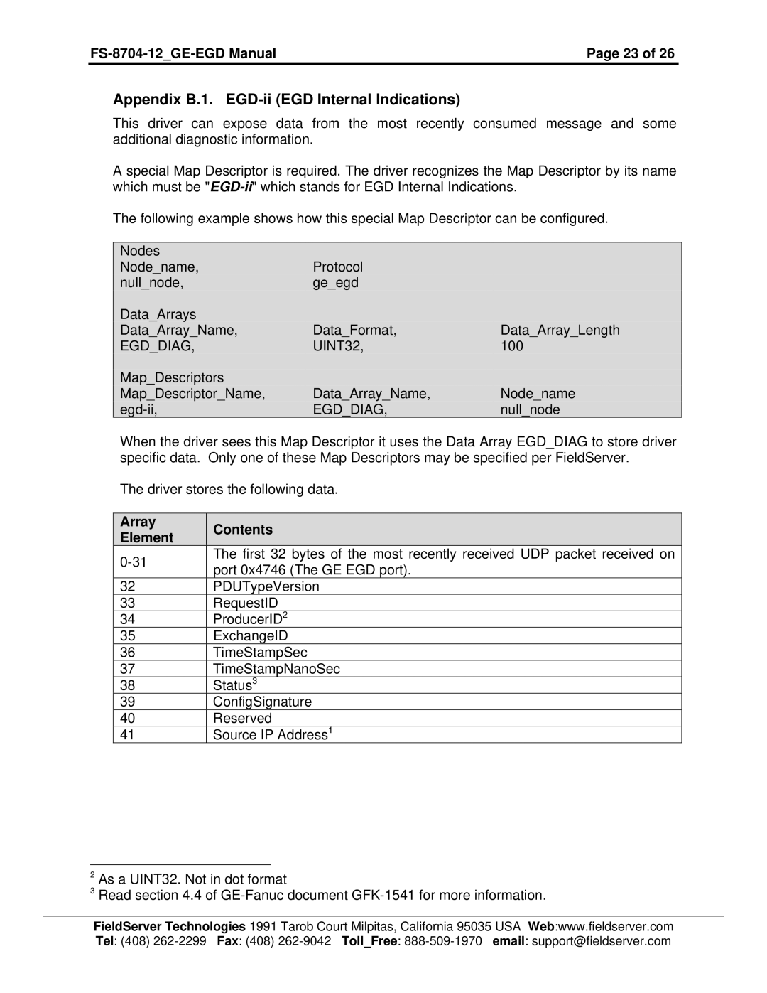 FieldServer FS-8704-12 instruction manual Appendix B.1. EGD-ii EGD Internal Indications, Array Contents Element 