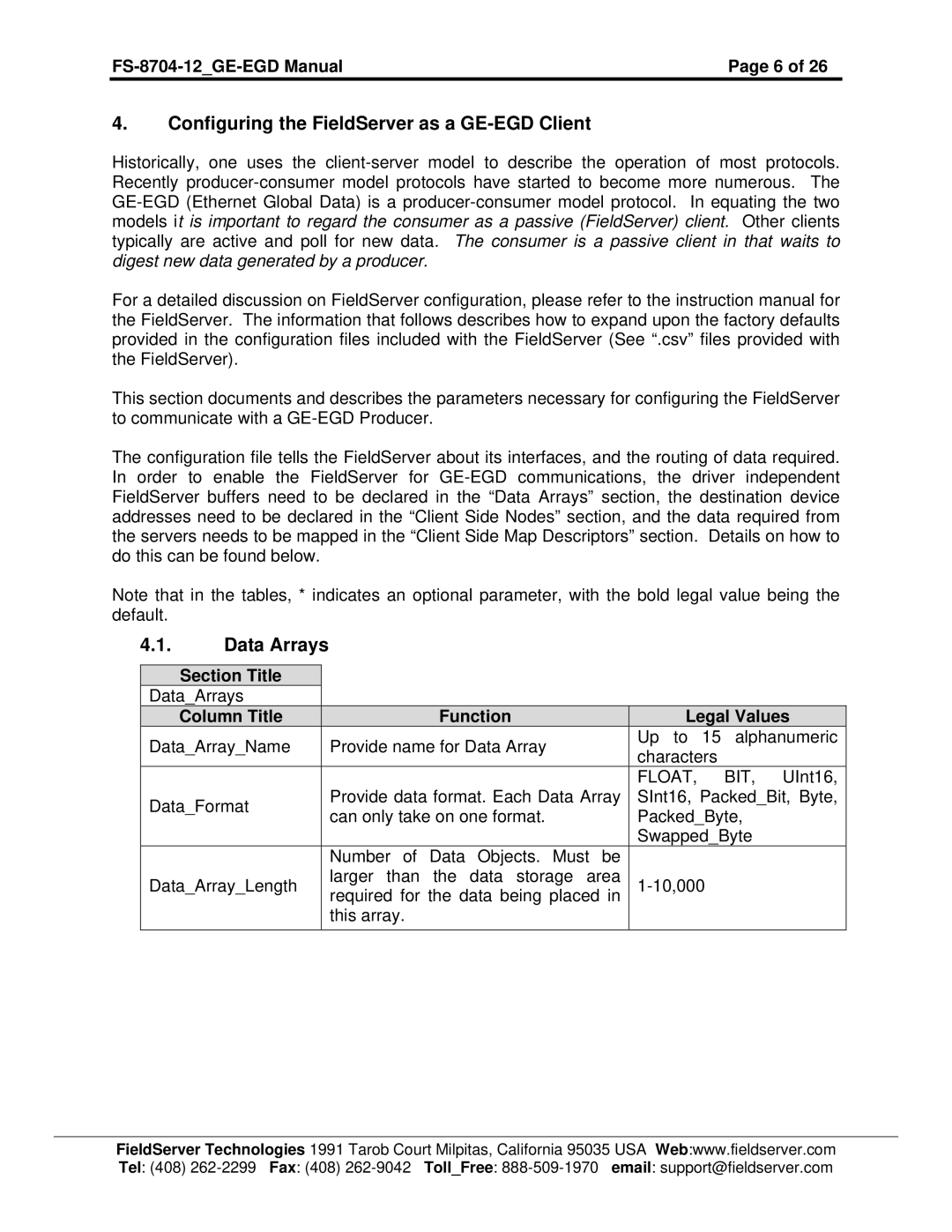 FieldServer FS-8704-12 instruction manual Configuring the FieldServer as a GE-EGD Client, Data Arrays, Section Title 