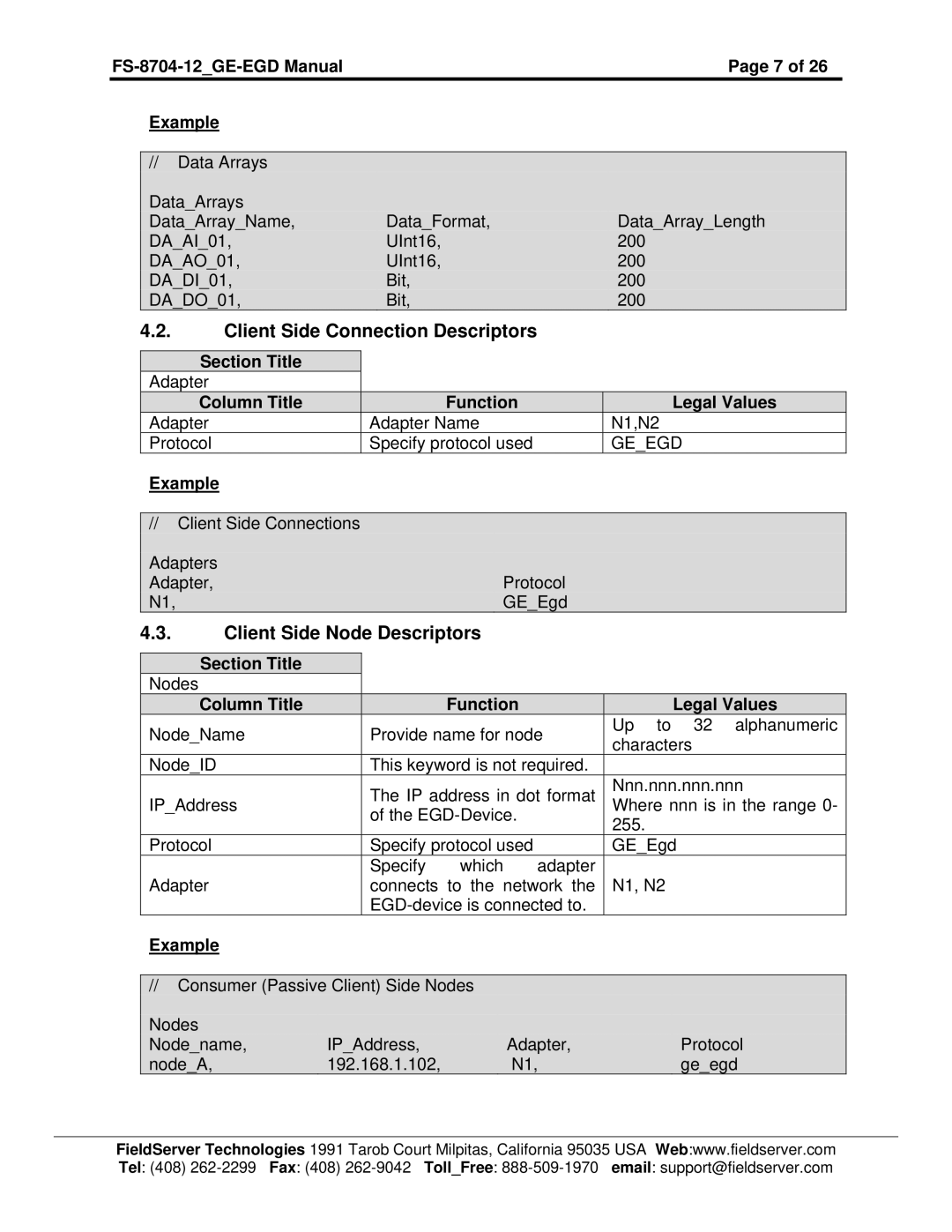 FieldServer Client Side Connection Descriptors, Client Side Node Descriptors, FS-8704-12GE-EGD Manual Example 