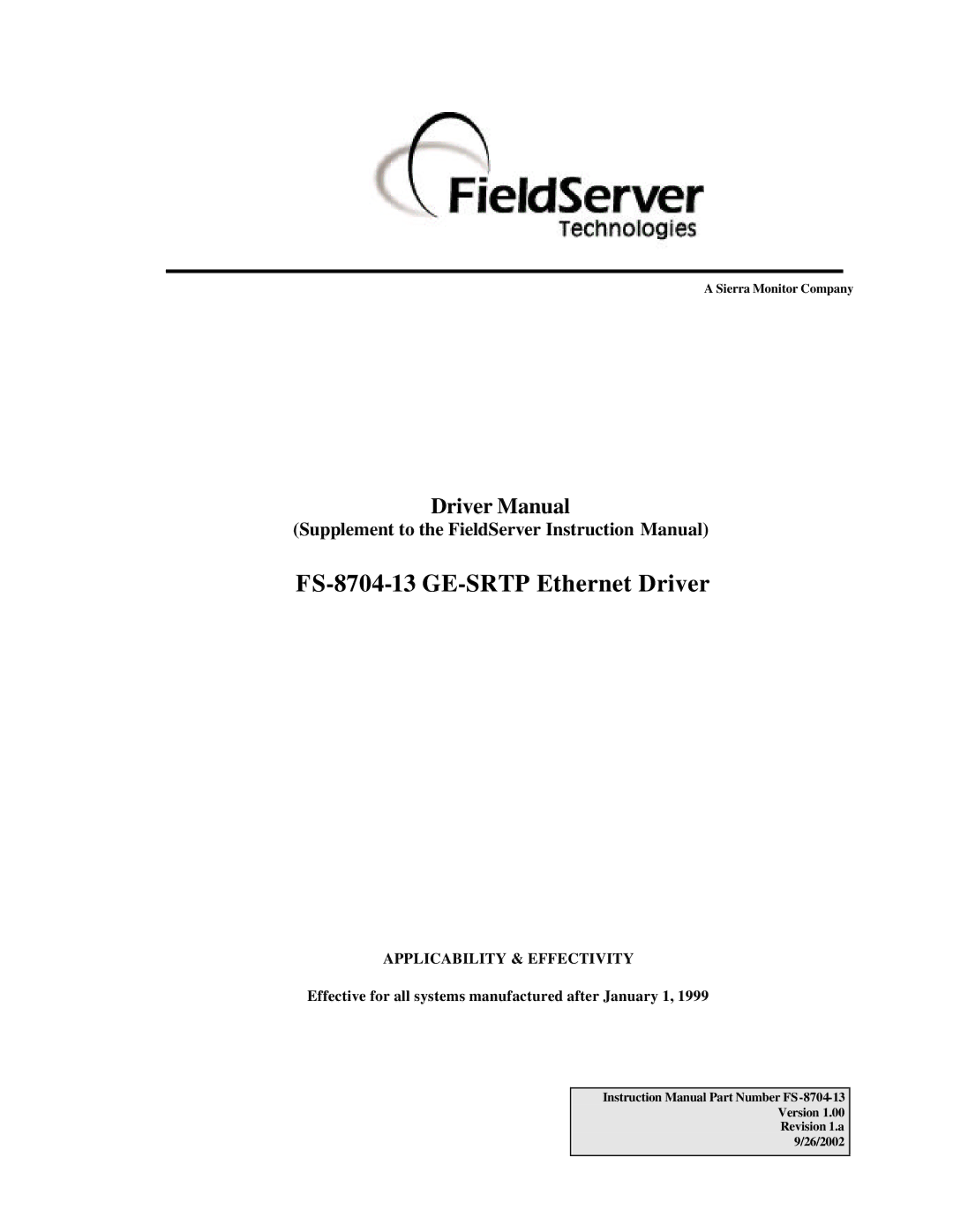 FieldServer instruction manual FS-8704-13 GE-SRTP Ethernet Driver, Driver Manual 