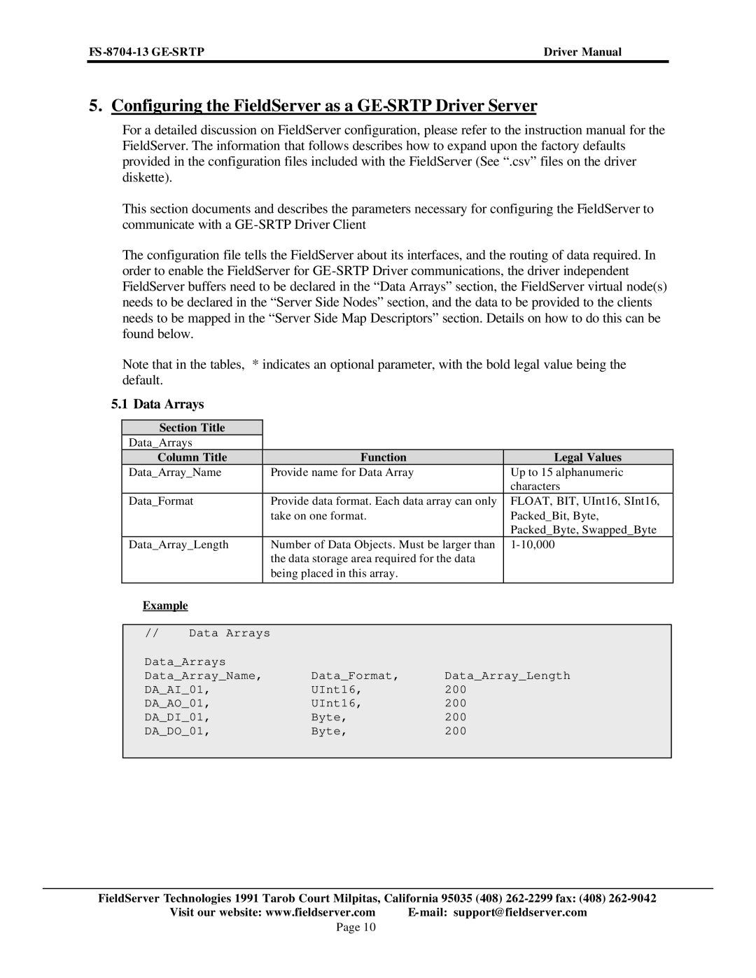 FieldServer FS-8704-13 instruction manual Configuring the FieldServer as a GE-SRTP Driver Server, Data Arrays 