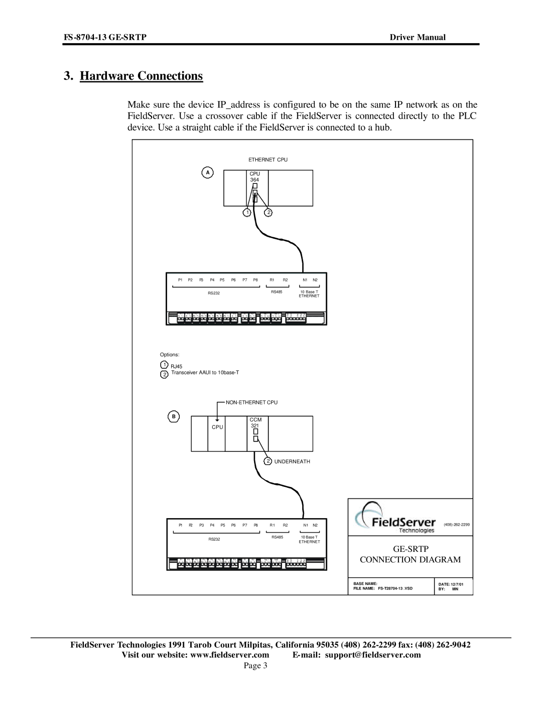 FieldServer FS-8704-13 instruction manual Hardware Connections, Ge-Srtp, Connection Diagram 