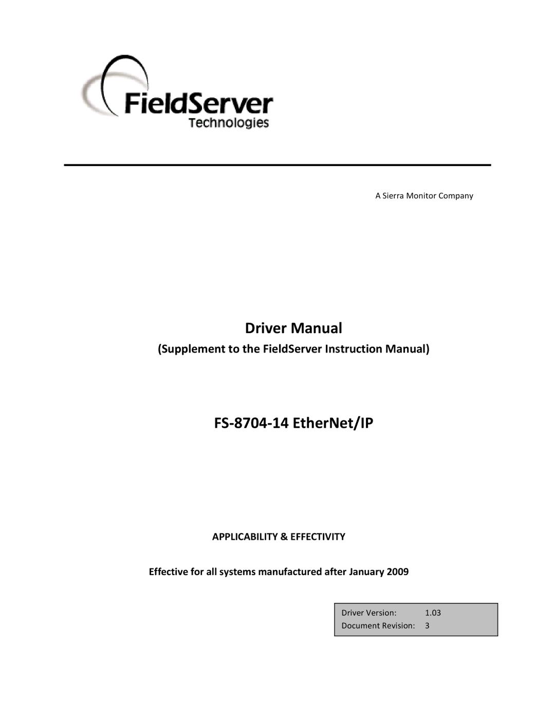 FieldServer instruction manual Driver Manual FS-8704-14 EtherNet/IP 