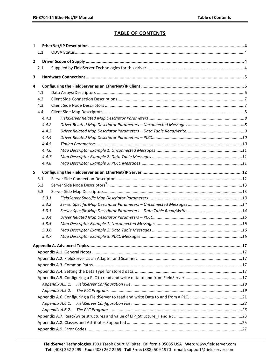 FieldServer FS-8704-14 instruction manual Table of Contents 