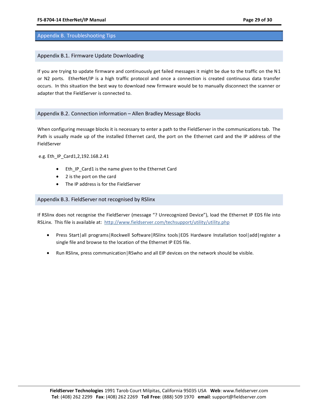 FieldServer FS-8704-14 Appendix B.1. Firmware Update Downloading, Appendix B.3. FieldServer not recognised by RSlinx 