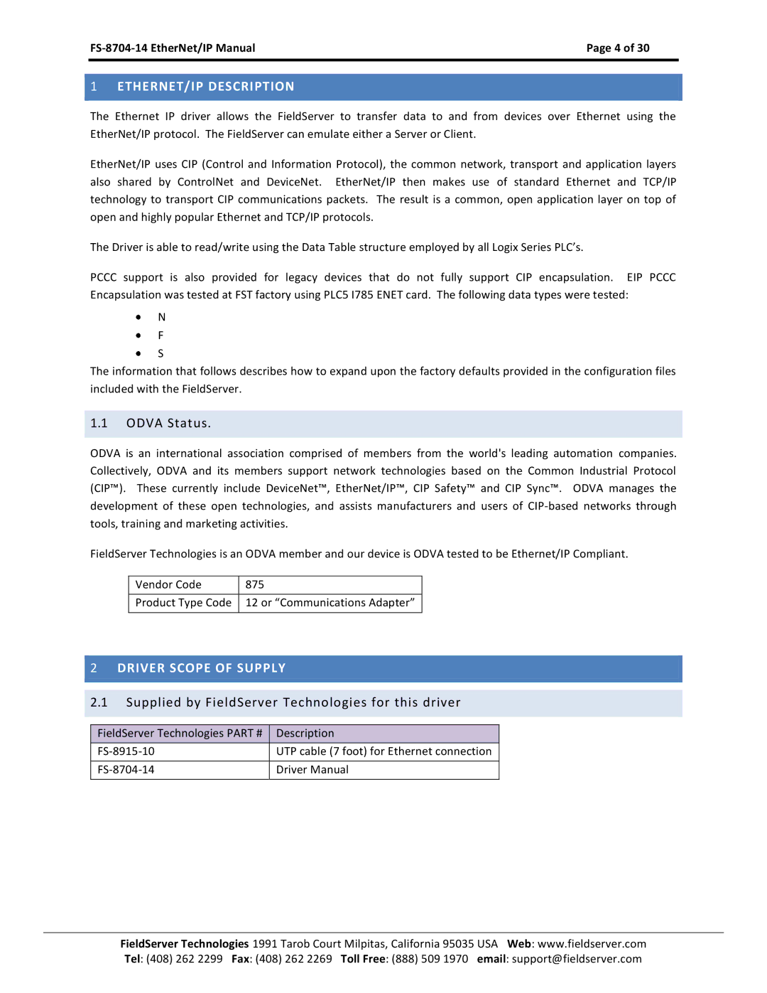 FieldServer FS-8704-14 instruction manual Odva Status, Supplied by FieldServer Technologies for this driver 