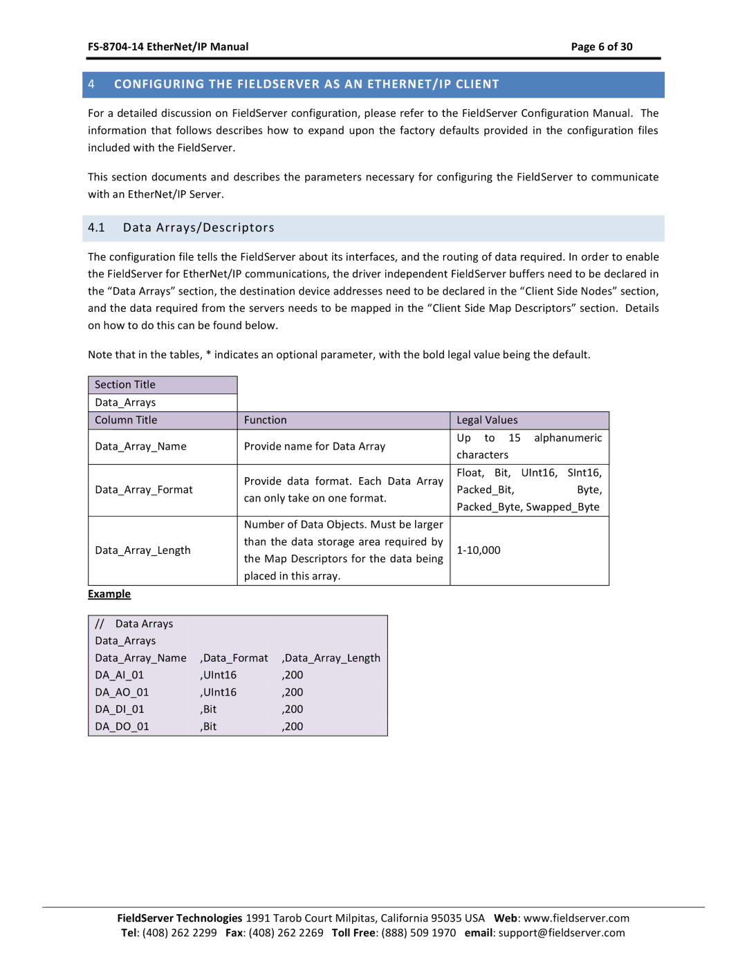 FieldServer FS-8704-14 instruction manual Configuring the Fieldserver AS AN ETHERNET/IP Client, Data Arrays/Descriptors 