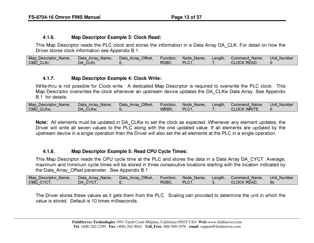 FieldServer FS-8704-16 Map Descriptor Example 4 Clock Write, Map Descriptor Example 5 Read CPU Cycle Times 