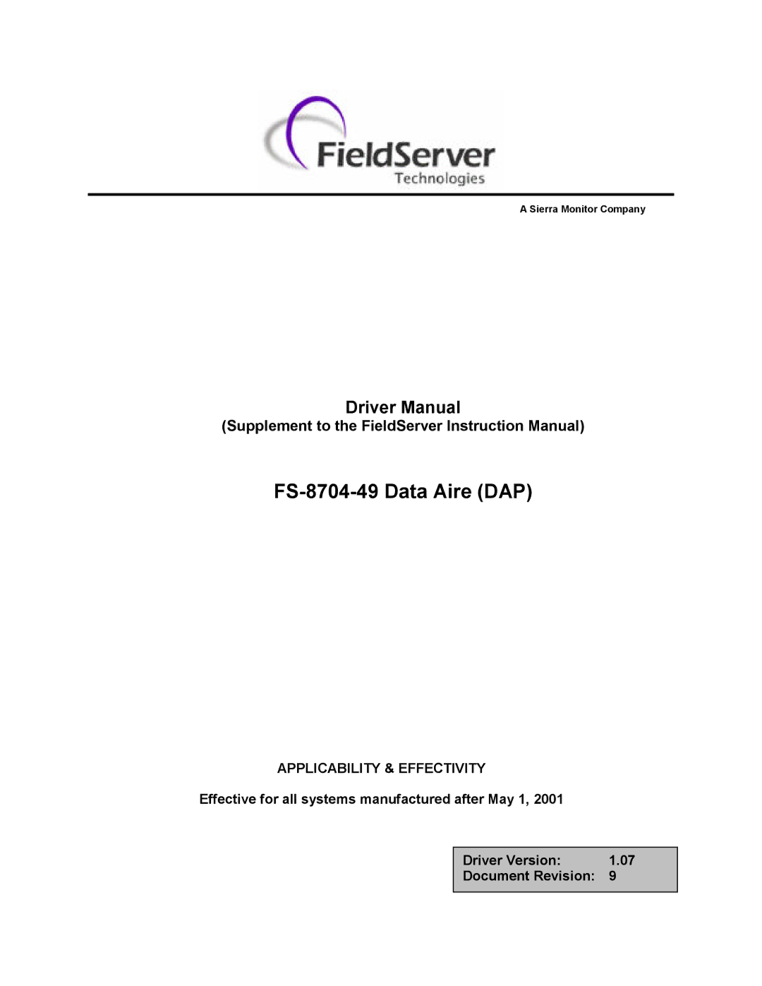 FieldServer instruction manual FS-8704-49 Data Aire DAP 