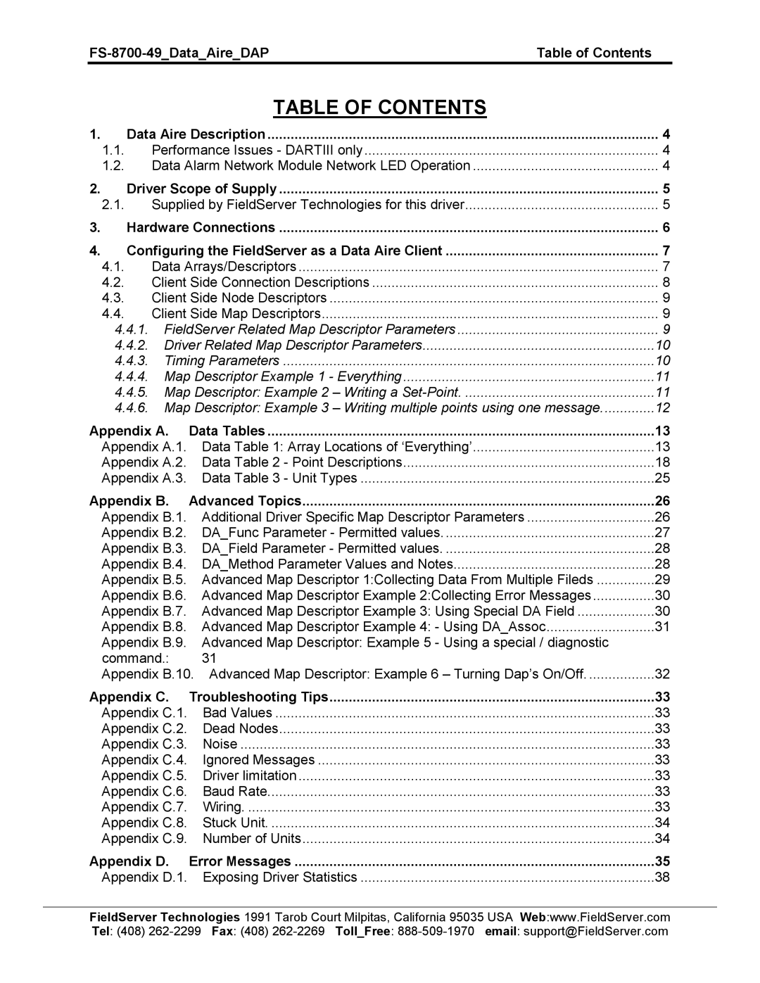 FieldServer FS-8704-49 instruction manual Table of Contents 